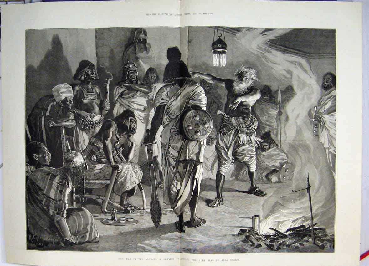 Old Antique Print 1883 Soudan War Dervish Preaching Holy War Arab Chiefs 19th