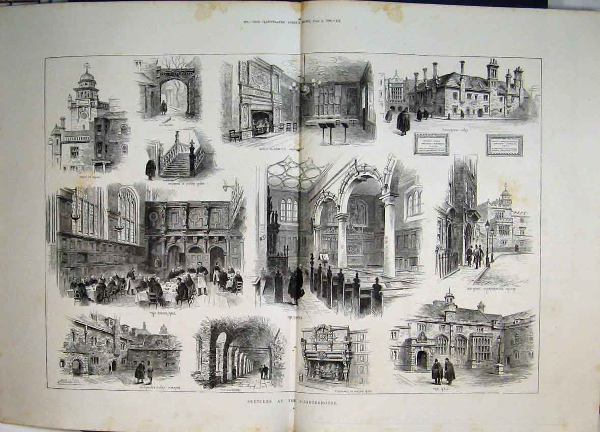 Original Old Antique Print 1886 Charterhouse Scenes Dining Hall Howard House