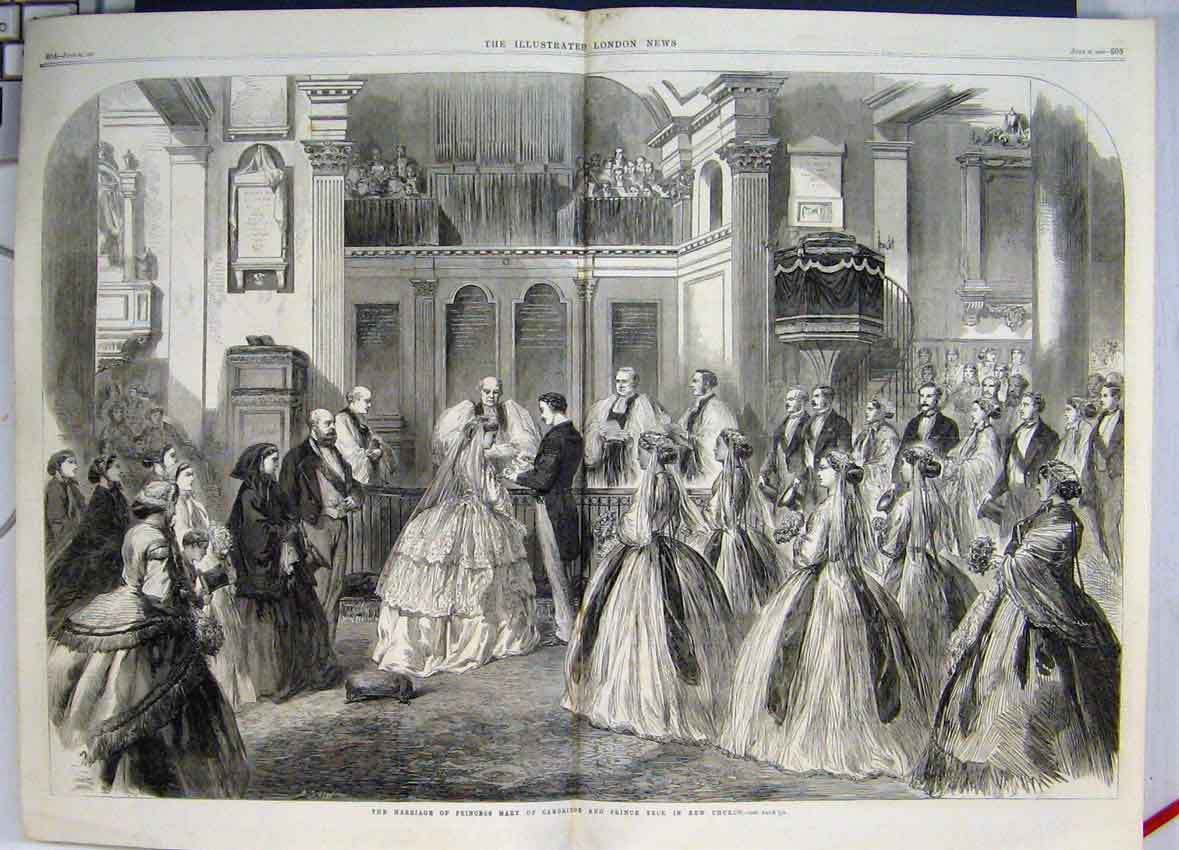 Original Old Antique Print 1866 Marriage Princess Mary Cambridge Teck Kew Church