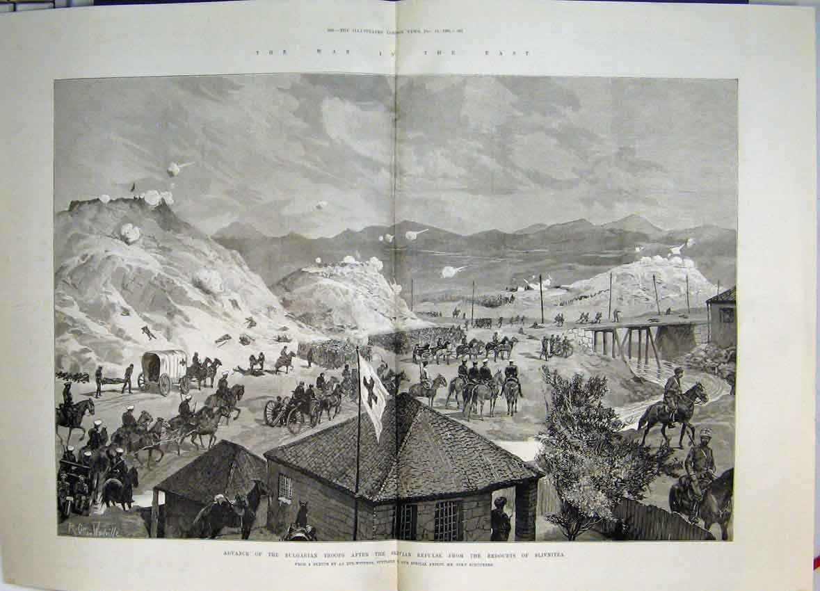 Old Antique Print 1885 Advance Bulgarian Troops Servian Repulse Slivnitza 19th