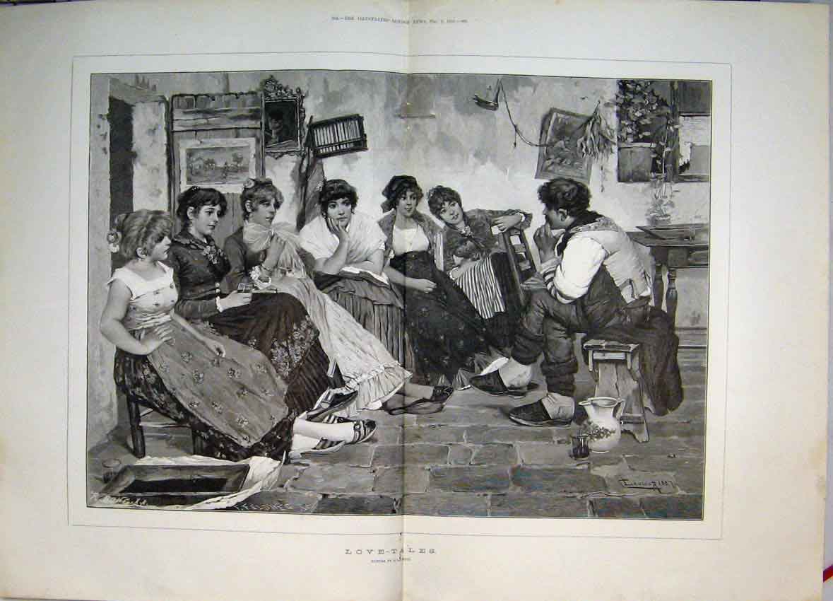 Original Old Antique Print 1888 Love Tales Boy Tells Listening Girls Stories