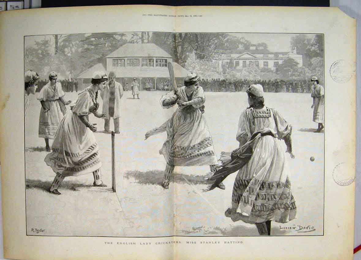 Original Old Antique Print Miss Stanley Batting English Ladies Cricket Team
