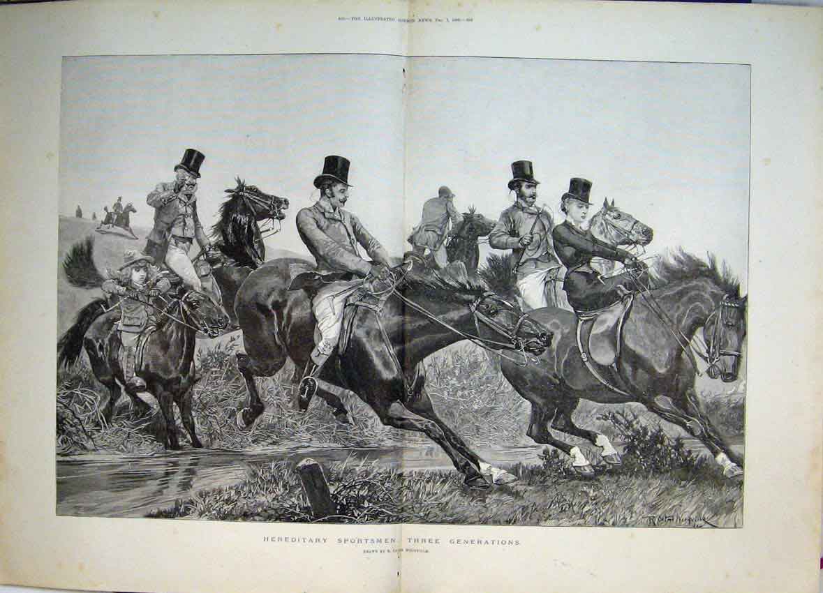 Original Old Antique Print 1888 Hereditary Sportsmen Three Generations Victorian