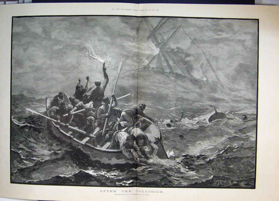 Original Old Antique Print 1887 Carnage After Collision Ships Rescuers Boats
