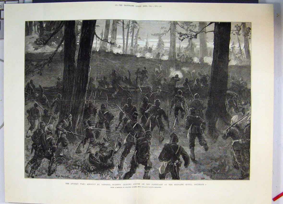 Original Old Antique Print 1879 Assault General Roberts Barricade Spingawi Kotul