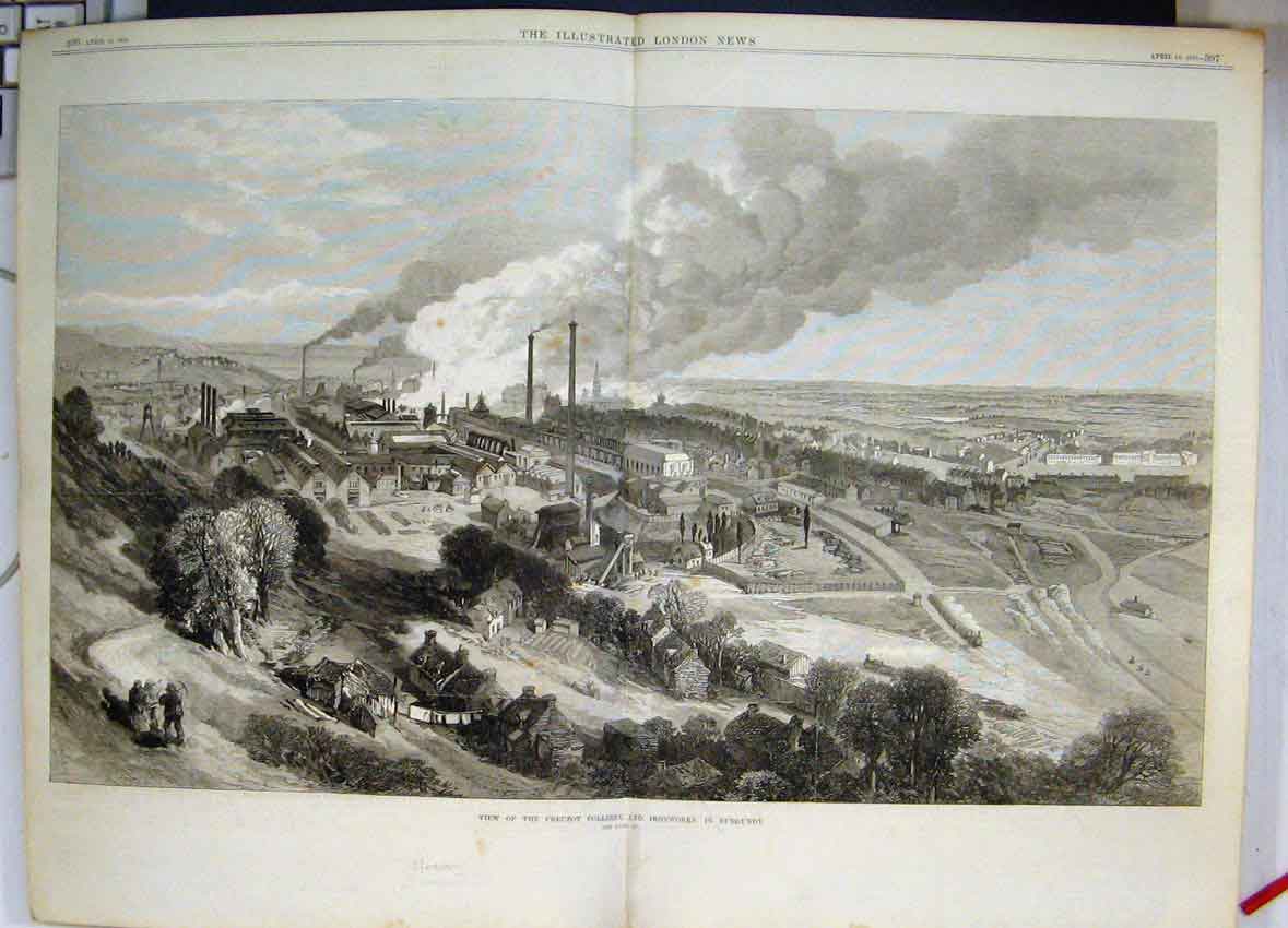 Original Old Antique Print 1870 View Creuzot Colliery Ironworks Burgundy France