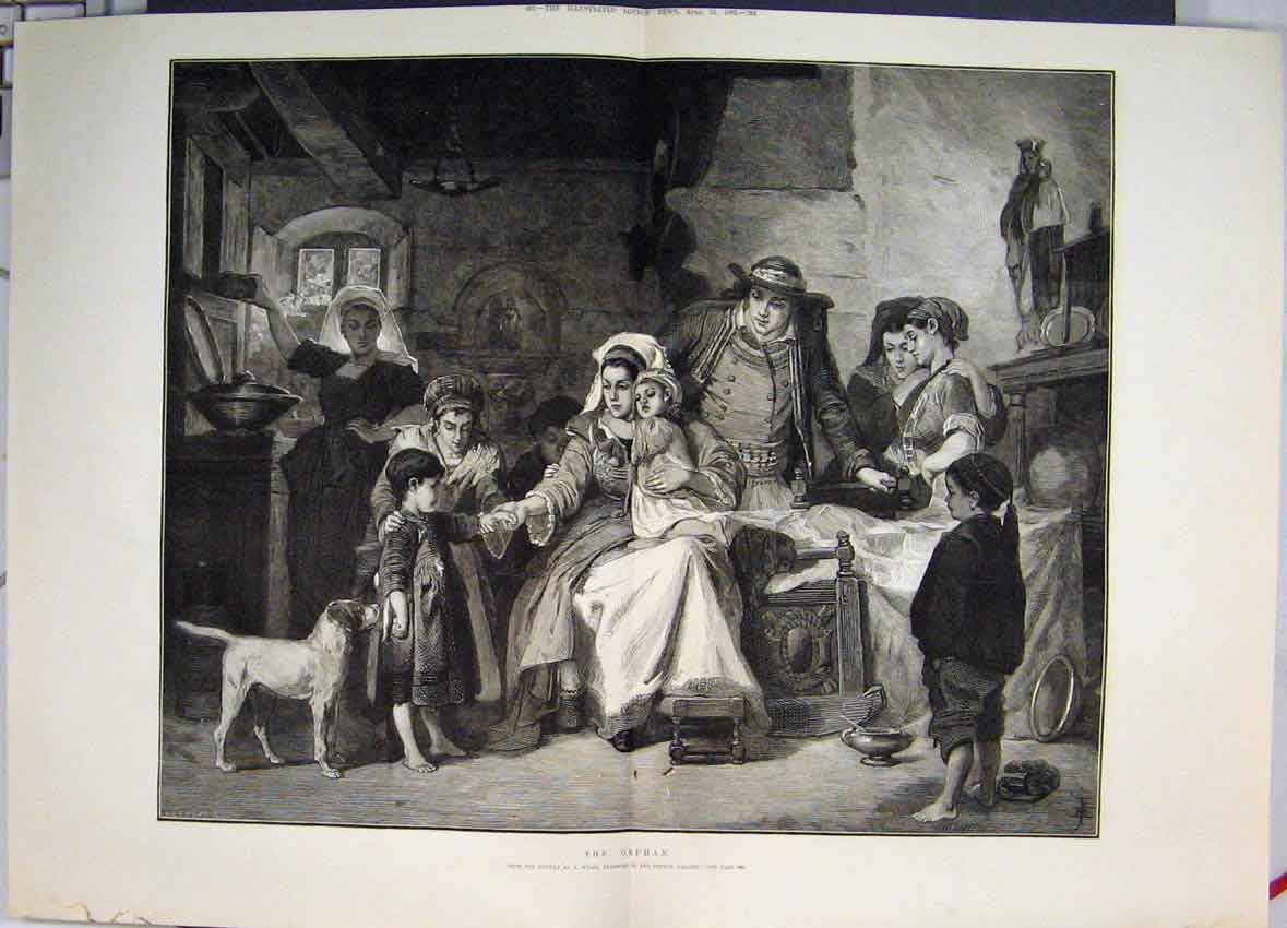 Old Antique Print 1882 The Orphan Family Welcoming New Addition Fine Art 19th