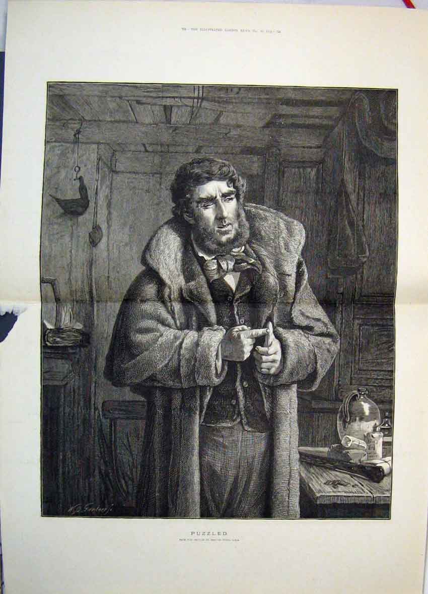 Original Old Antique Print 1882 Erskine Nicol Man Puzzles By Something Victorian