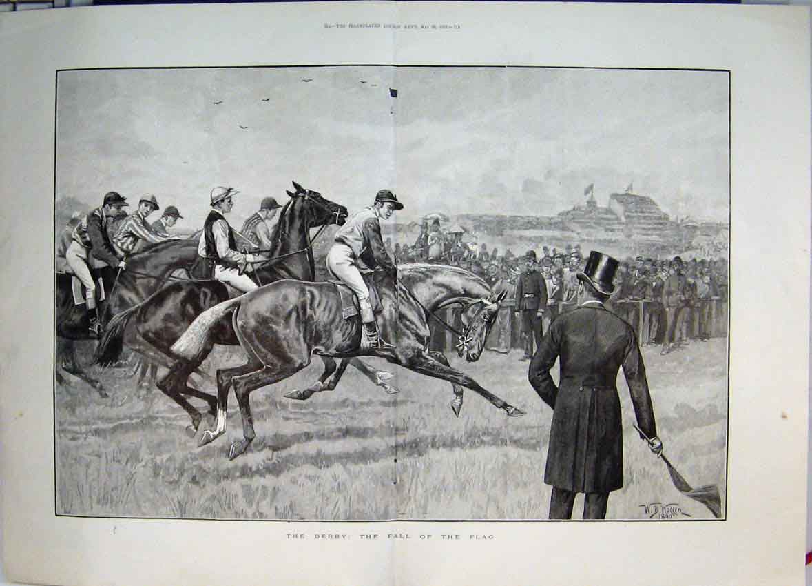 Original Old Antique Print 1891 The Derby The Fall The Flag Race Start Victorian