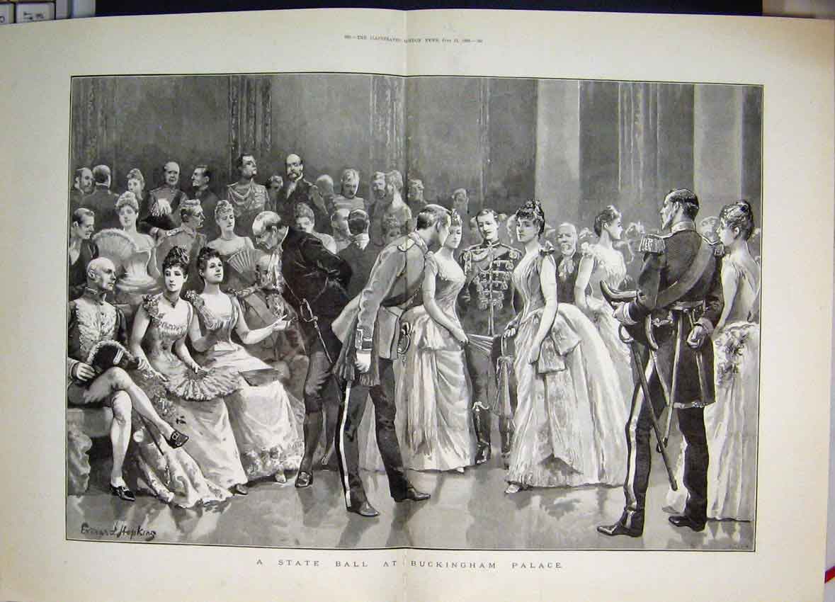 Original Old Antique Print 1889 A State Ball Buckingham Palace Dance Proposition