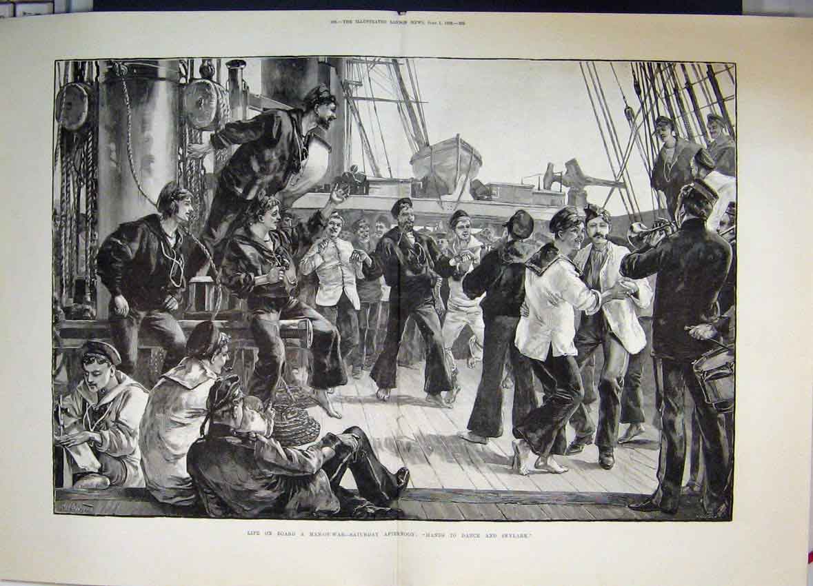 Original Old Antique Print 1889 Man War Life On Board Hands To Dance Skylark