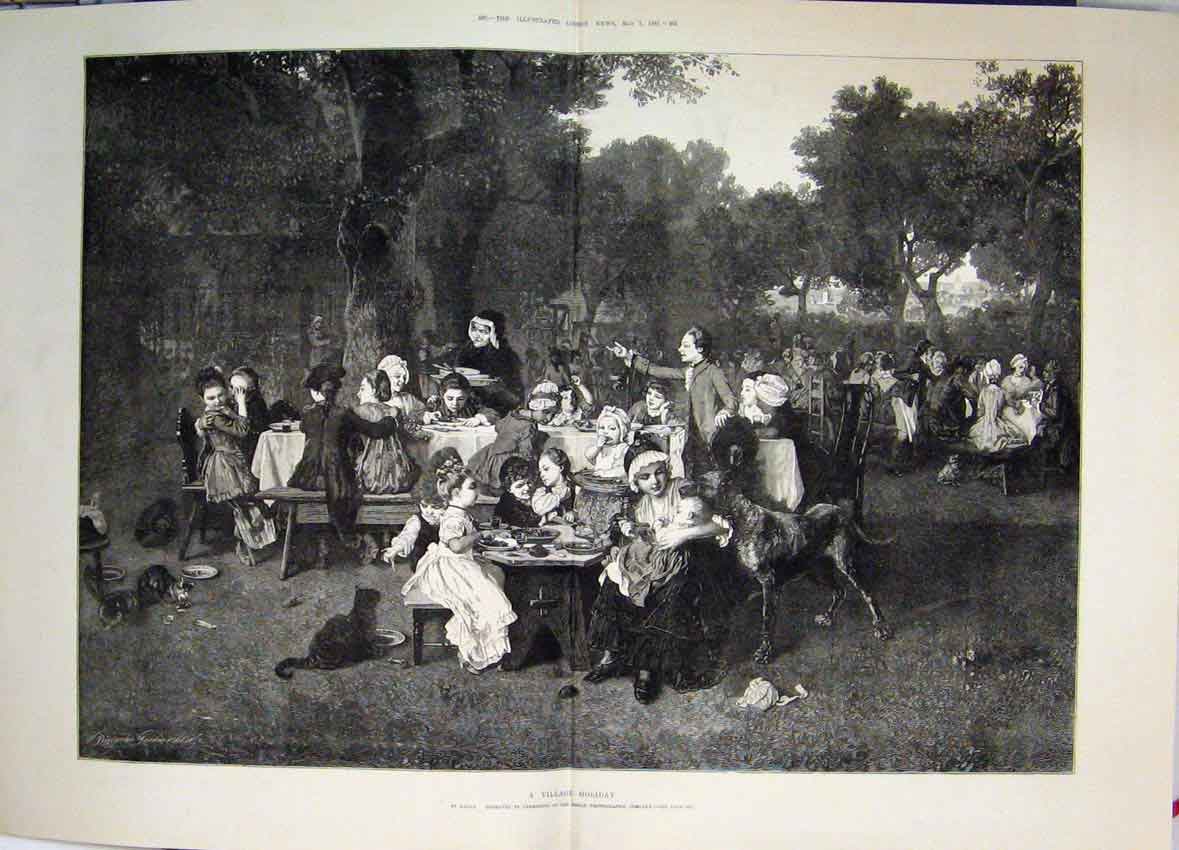 Original Old Antique Print 1881 A Village Holiday Fun Day Out For Family Dog