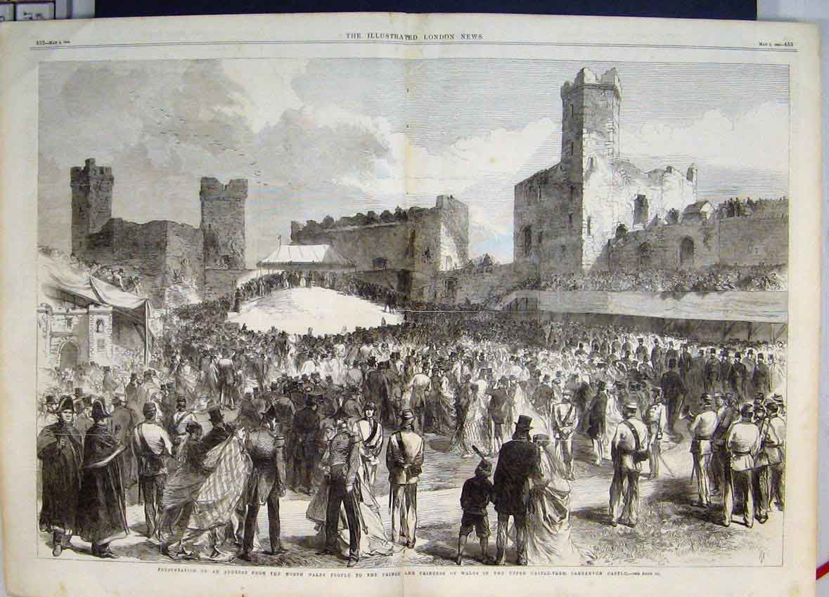 Original Old Antique Print 1868 Royal Visit Upper Castle Yard Carnarvon 19th