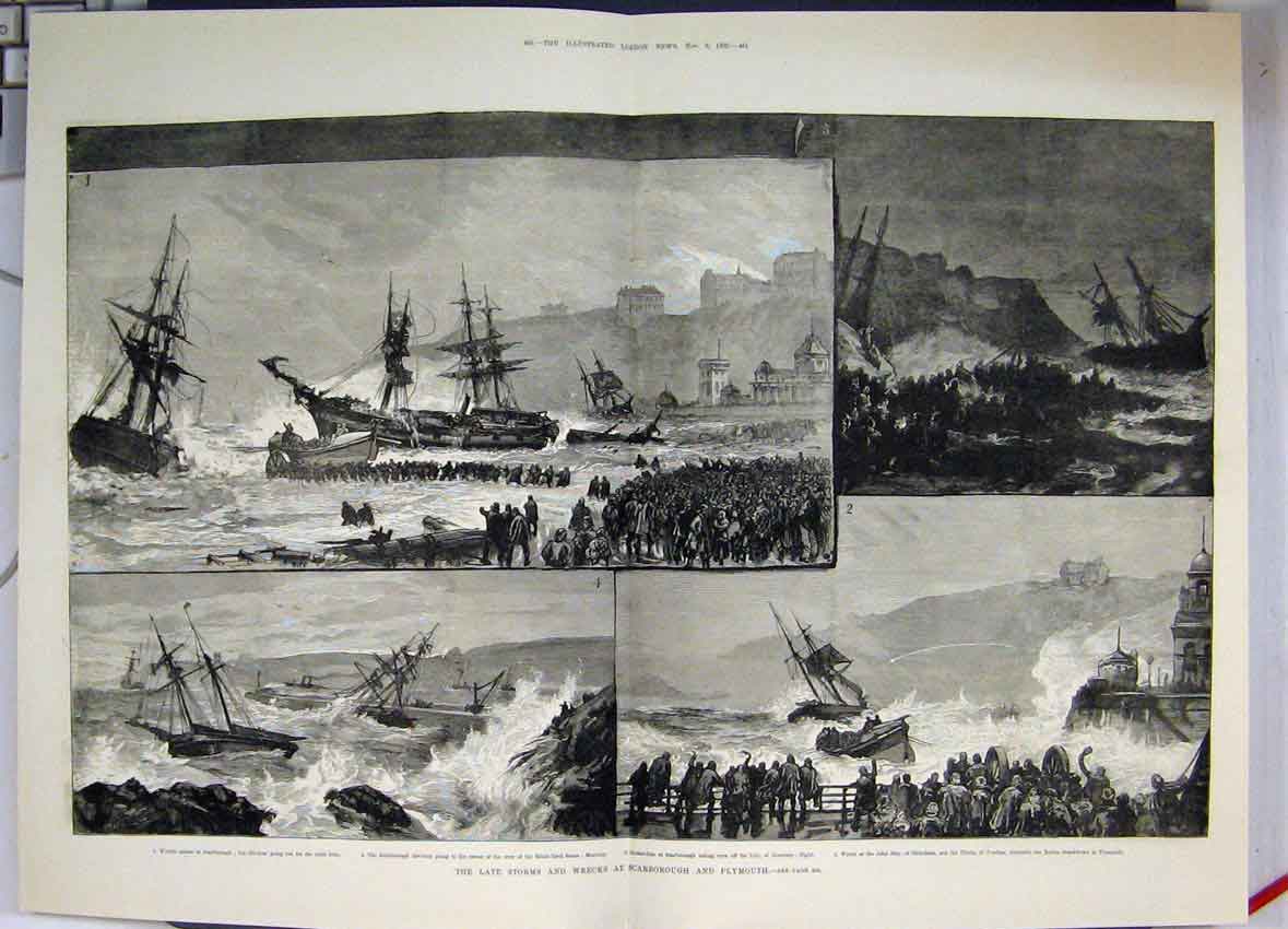 Original Old Antique Print 1880 Late Storms Wrecks Scarborough Plymouth 19th
