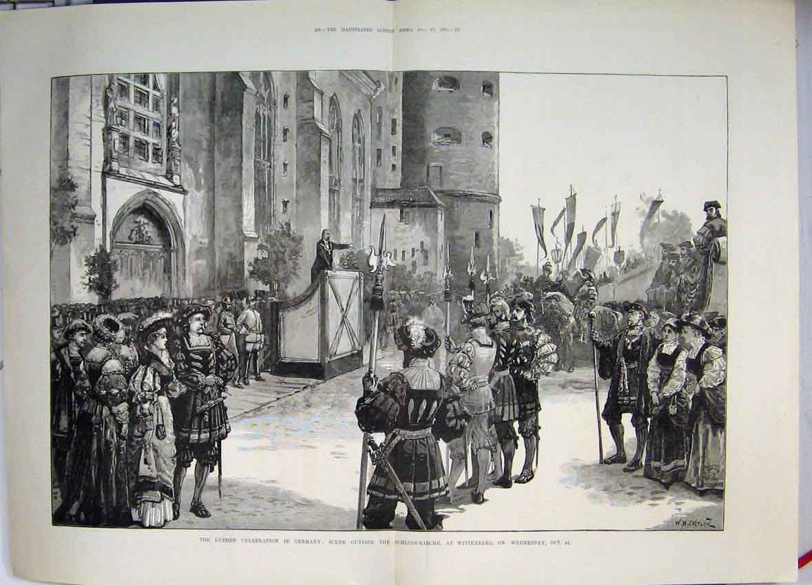 Original Old Antique Print 1883 Luther Celebration Germany Wittenberg Victorian