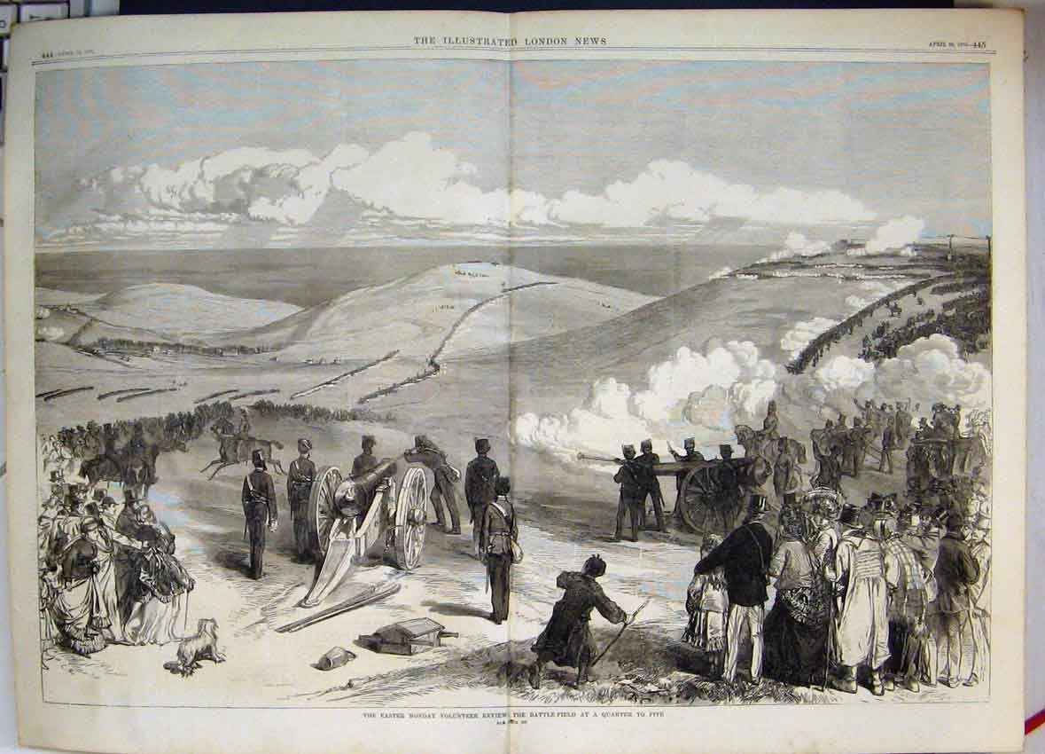 Original Old Antique Print 1870 Easter Monday Volunteer Review Battlefield 19th