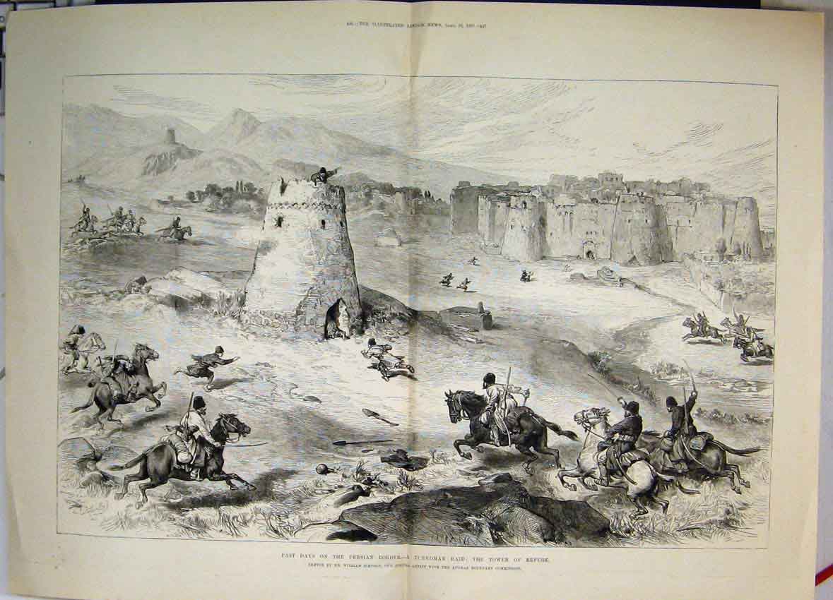 Original Old Antique Print 1885 Persian Border Turkoman Raid Tower Refuge 19th