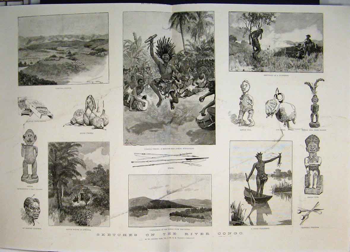 Old Antique Print 1887 Sketches River Congo Medicine Man Cannibal Utensil 19th