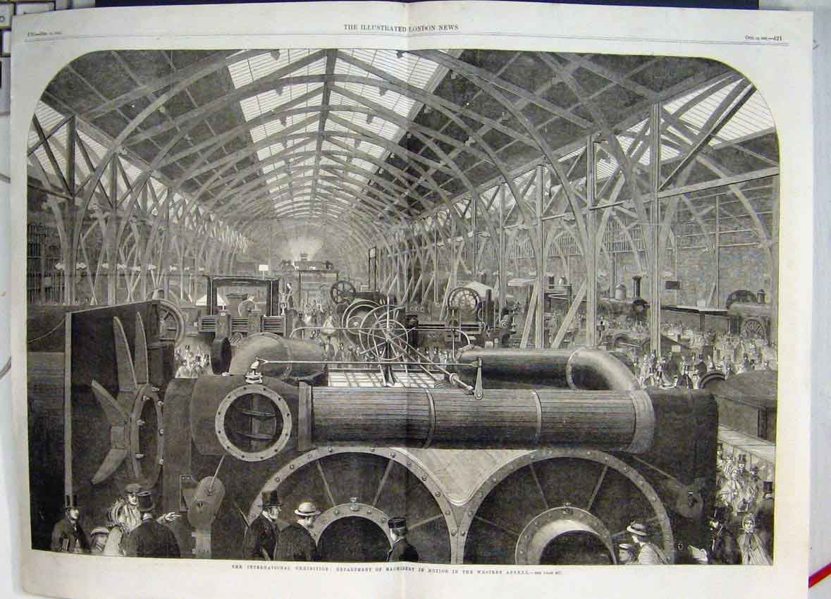 Original Old Antique Print 1862 Machinery Department International Exhibition