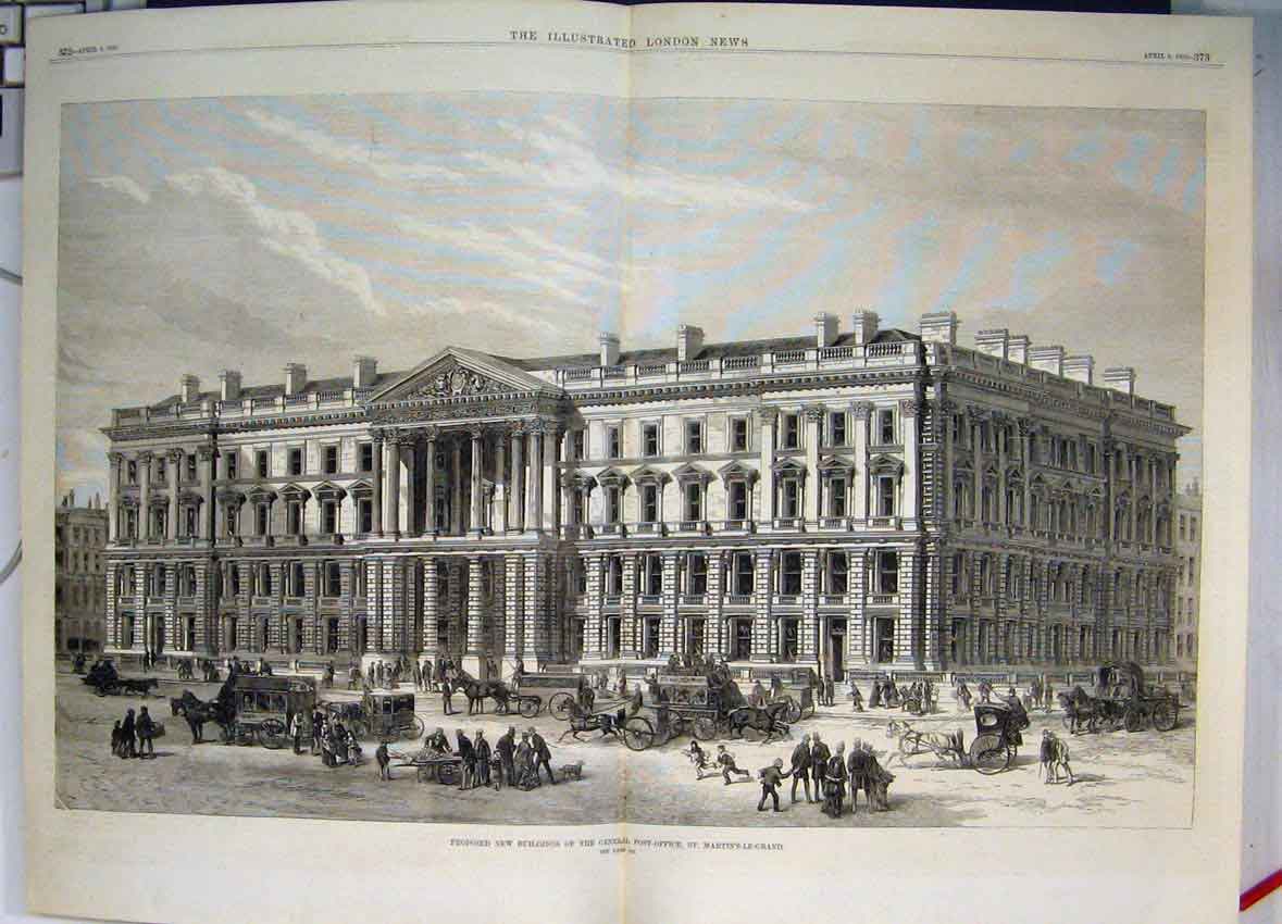 Original Old Antique Print 1870 Proposed General Post Office St Martins-Le Grand