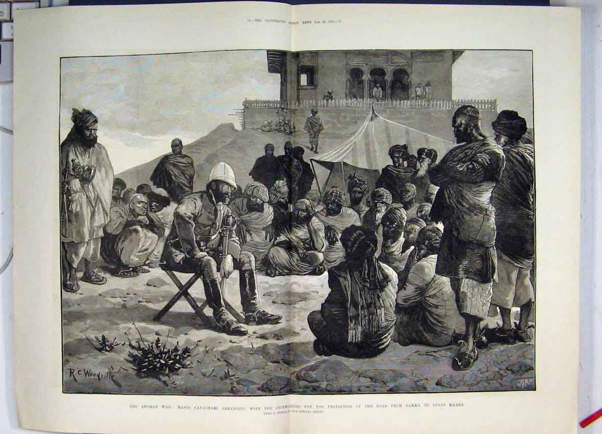 Original Old Antique Print 1879 Major Cavagnari Shinwarries Protection On Road
