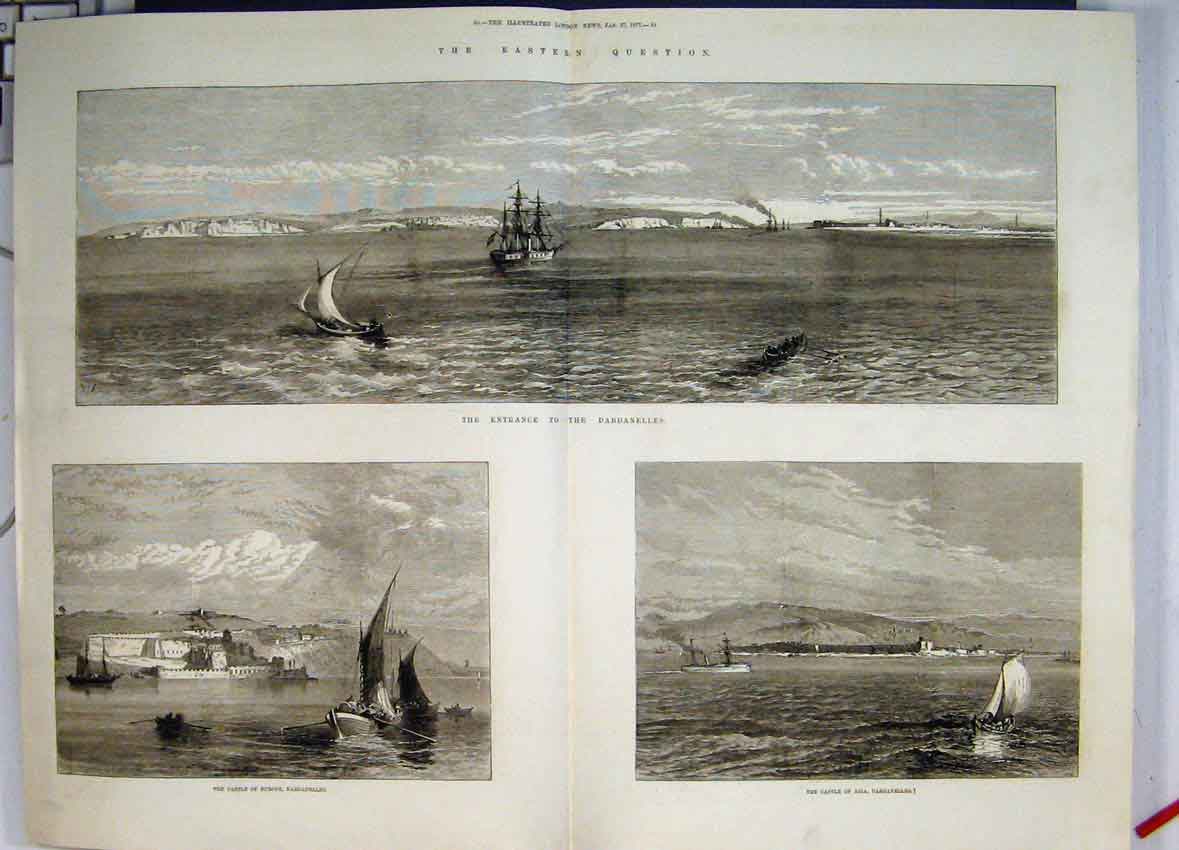 Original Old Antique Print 1877 Entrance Dardanelles Castles Asia Europe 19th