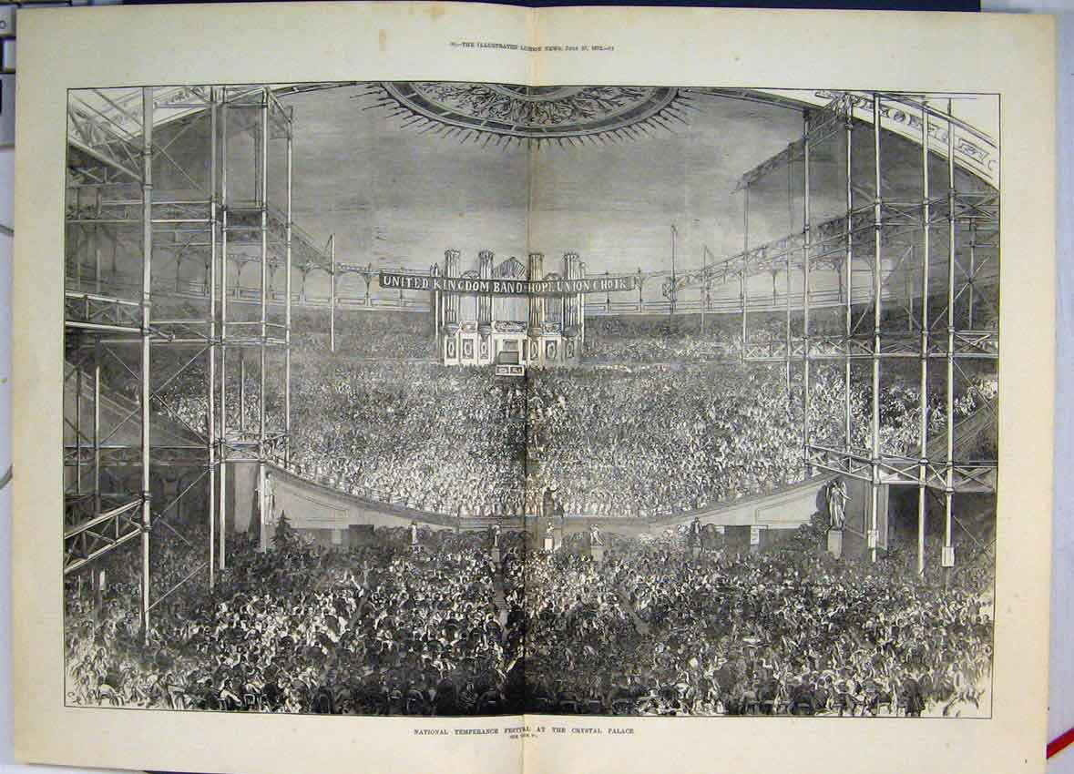 Original Old Antique Print 1872 National Temperance Festival Crystal Palace 19th