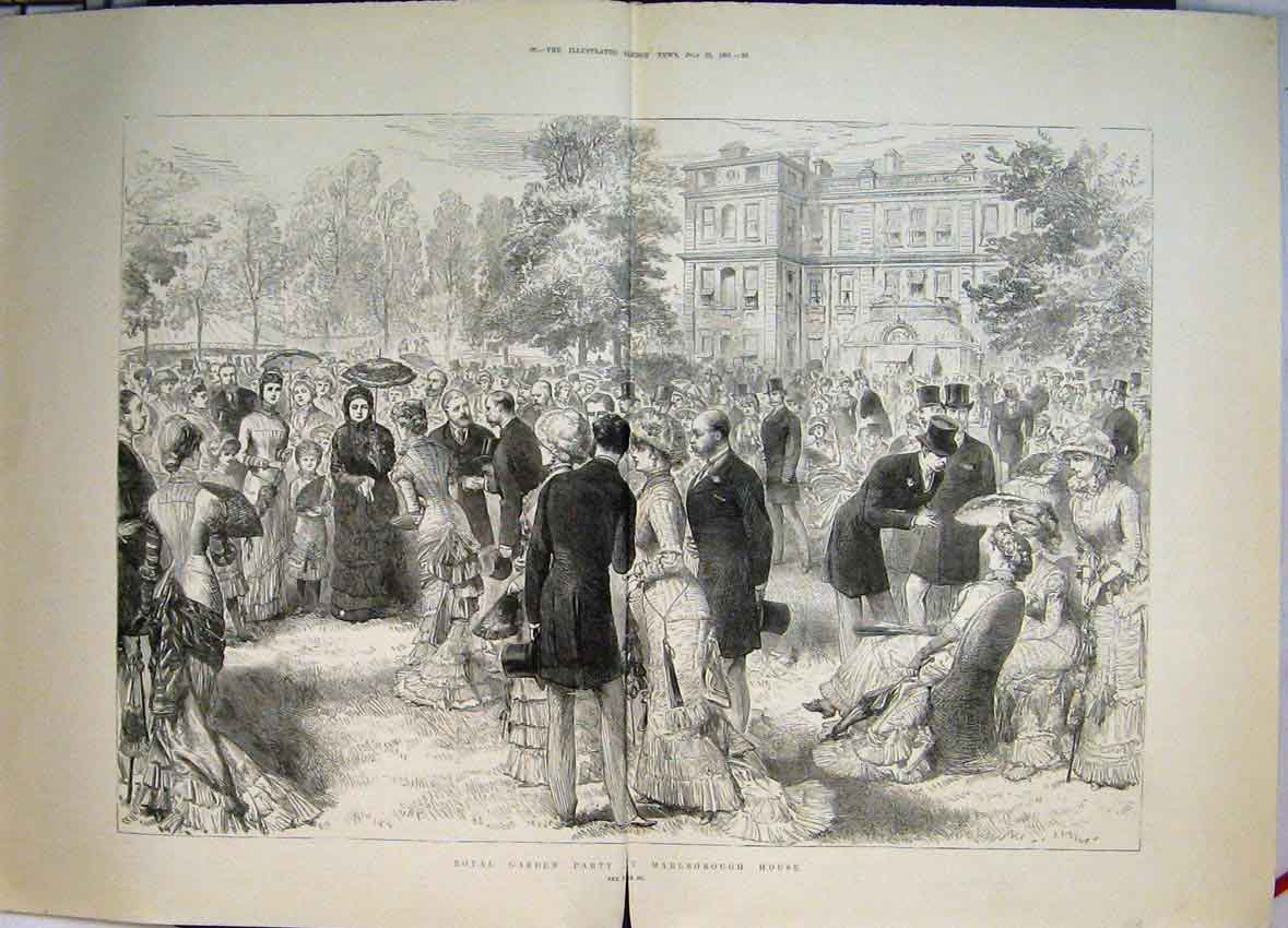 Original Old Antique Print 1881 Royal Garden Party Marlborough House Victorian