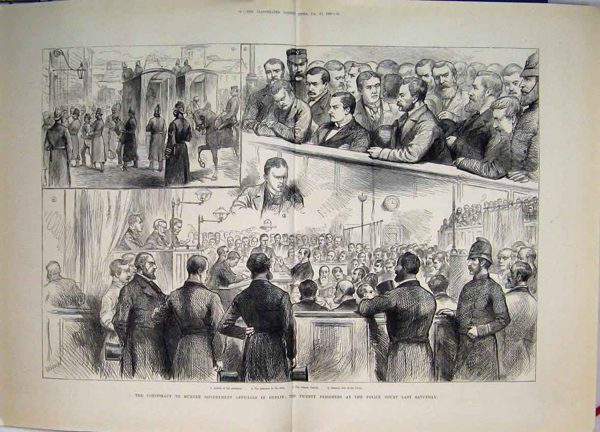 Original Old Antique Print 1883 Prisoners Conspiracy Murder Officials Dublin