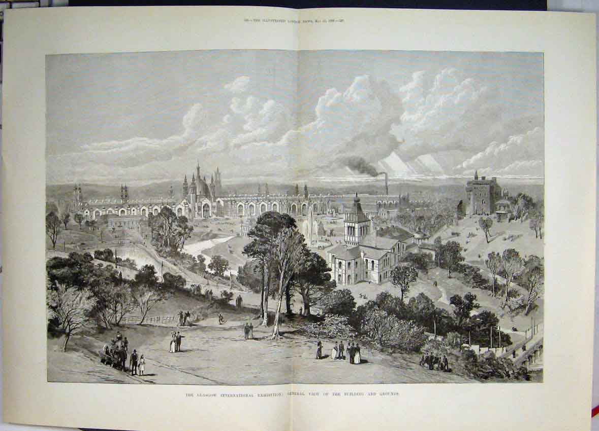 Original Old Antique Print Glasgow International Exhibition Grounds 1888 19th
