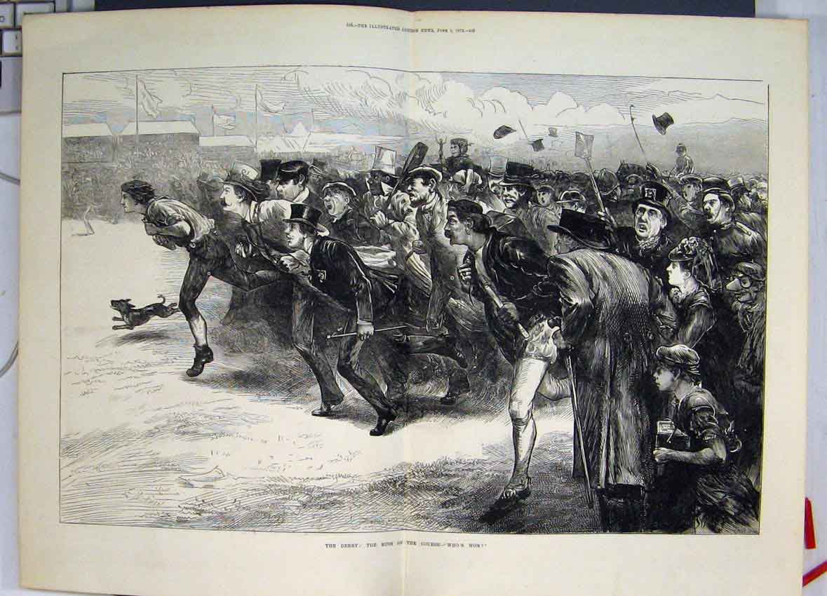 Original Old Antique Print The Derby Rush On The Course To See Who Won 1872 19th