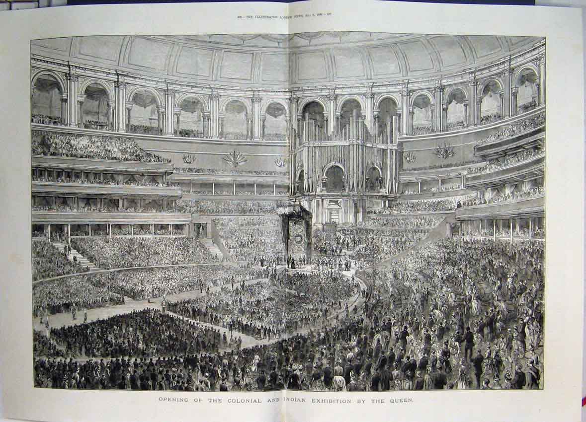 Original Old Antique Print Opening Colonial Indian Exhibition By Queen 1886 19th