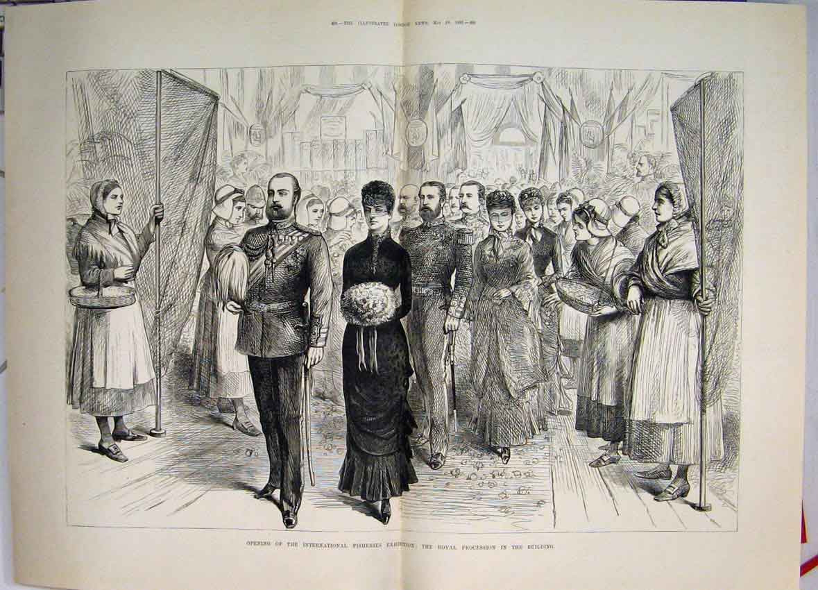 Original Old Antique Print Opening Fisheries Exhibition Royal Walkabout1883 19th