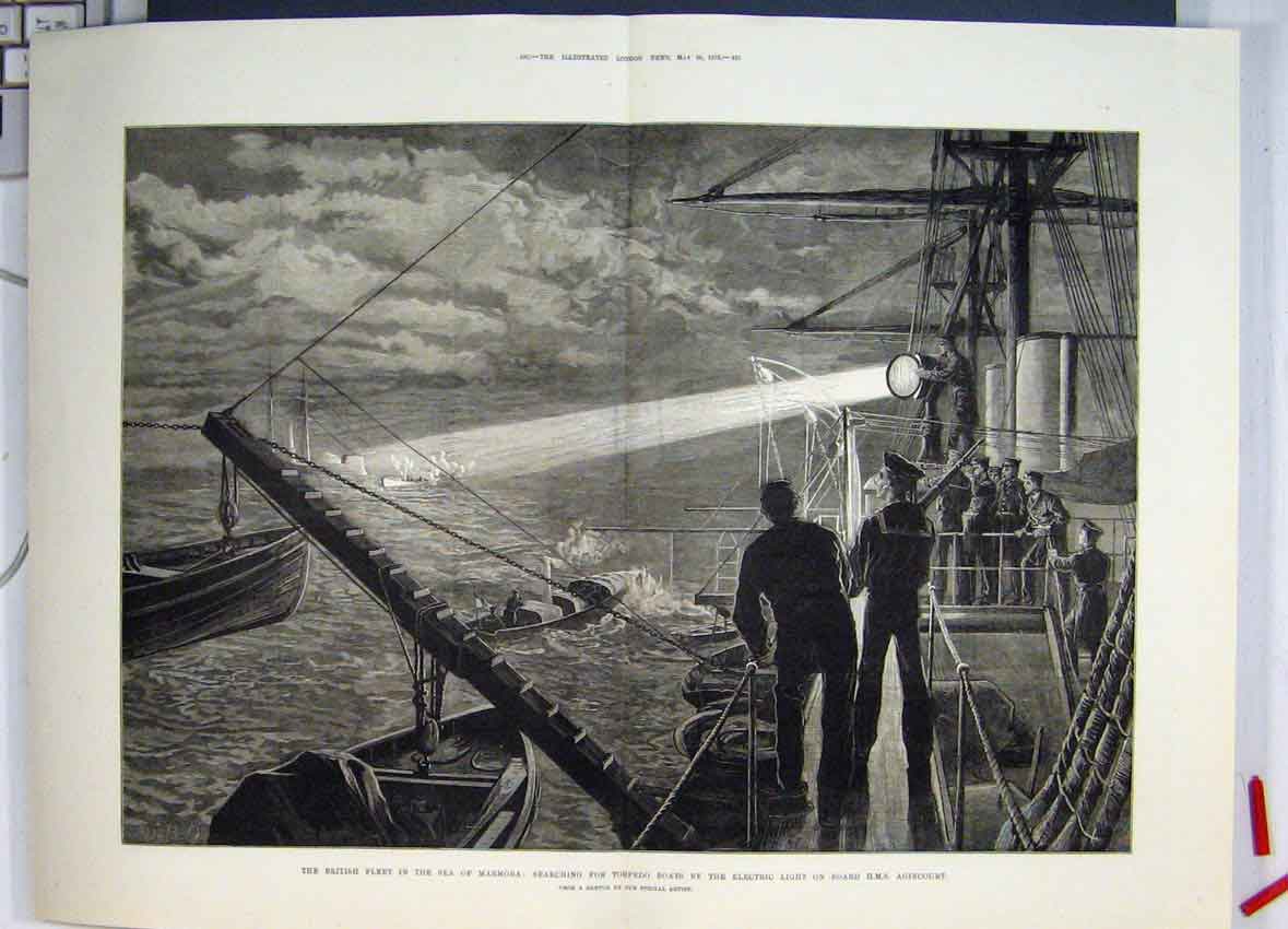 Original Old Antique Print British Fleet Marmora Sea Light Hms Agincourt1878
