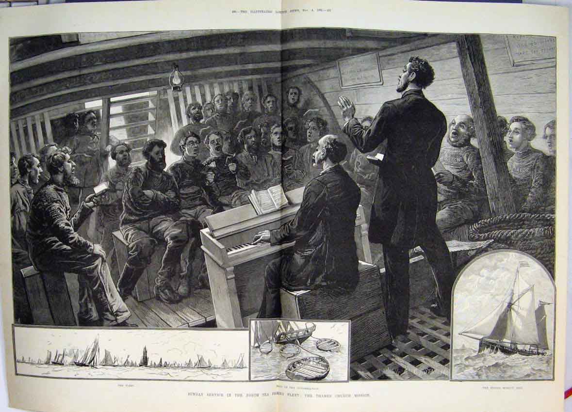 Original Old Antique Print Sunday Service North Sea Fleet Thames Church 1882