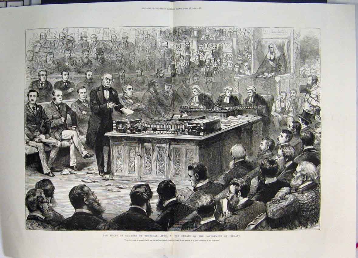Original Old Antique Print House Commons Debate Government Ireland 1886 19th