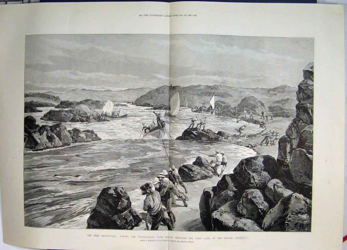 Original Old Antique Print Nile Expedition Towing Whale Boats Cataract 1884 19th