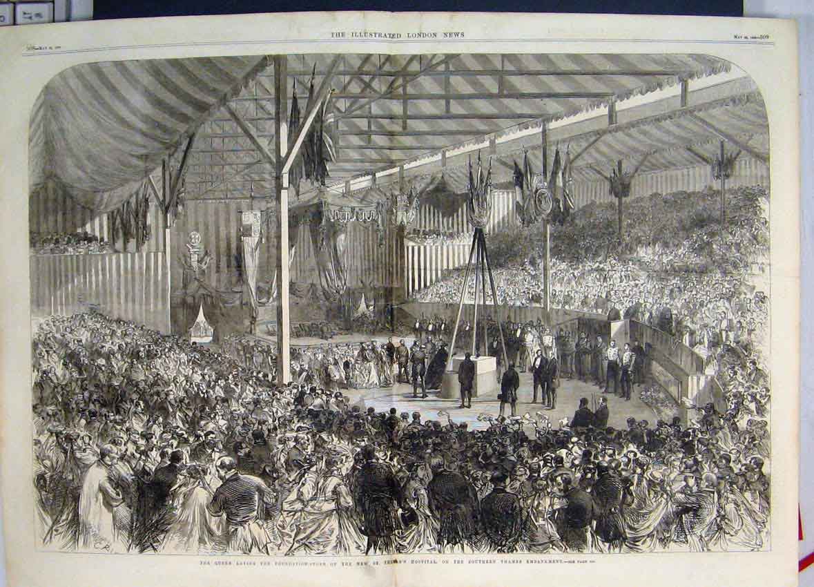 Original Old Antique Print Queen Laying Stone St Thomas Hospital Thames 1868