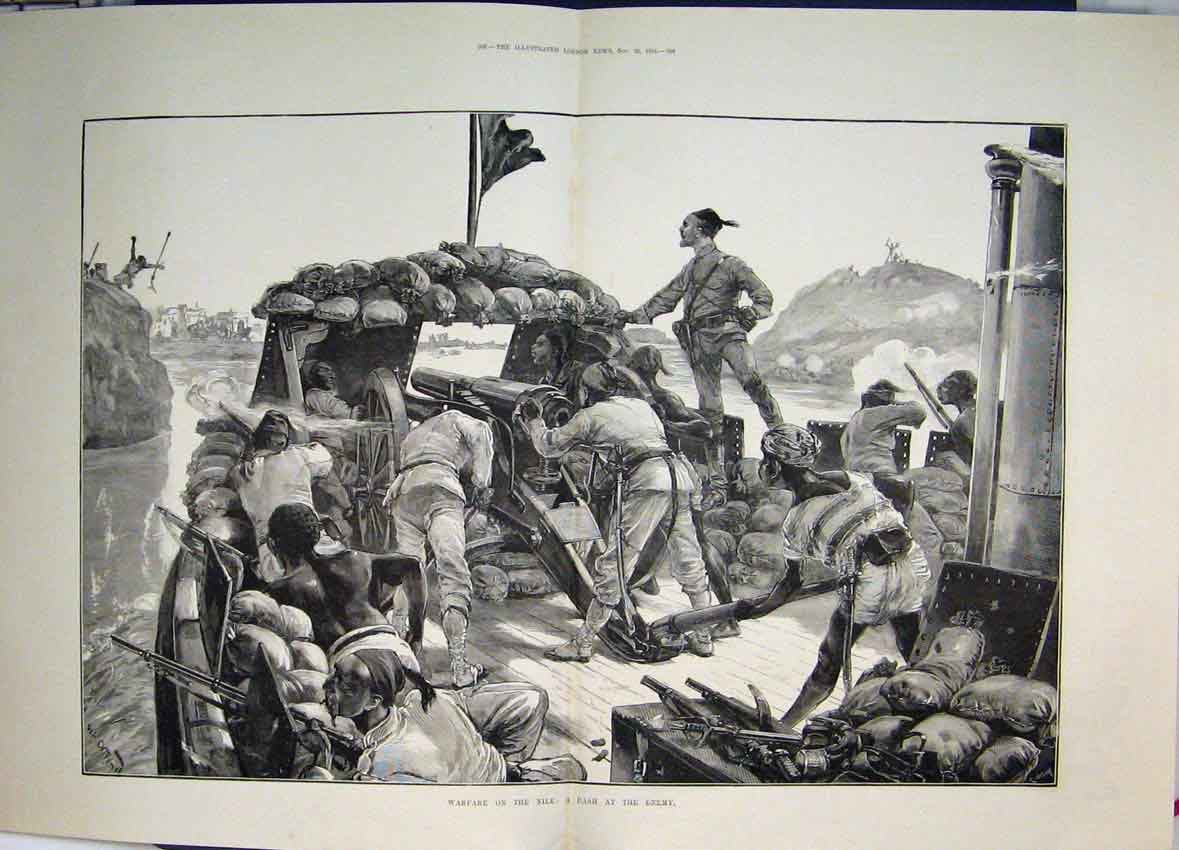Original Old Antique Print Warfare On The Nile Dash At The Enemy 1884 Victorian