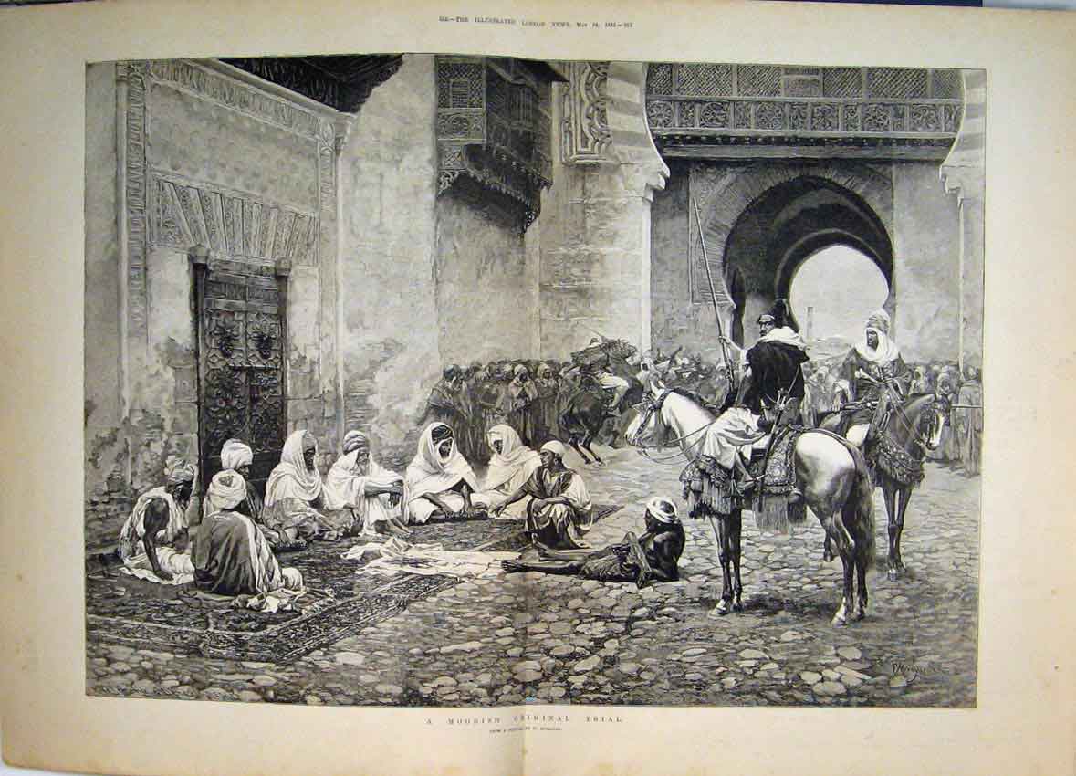 Original Old Antique Print A Moorish Criminal Trial Picture By Moragas 1884 19th