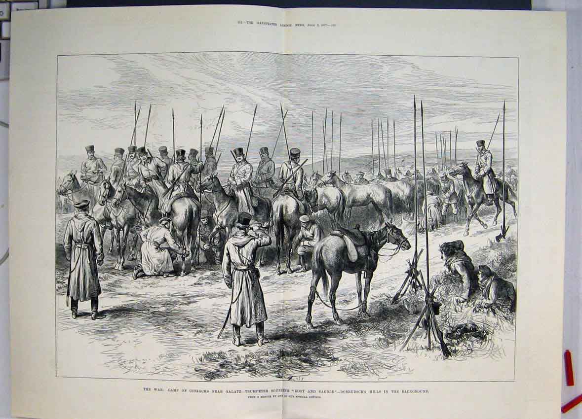 Original Old Antique Print Camp Cossacks Galatz Boot And Saddle 1877 Victorian