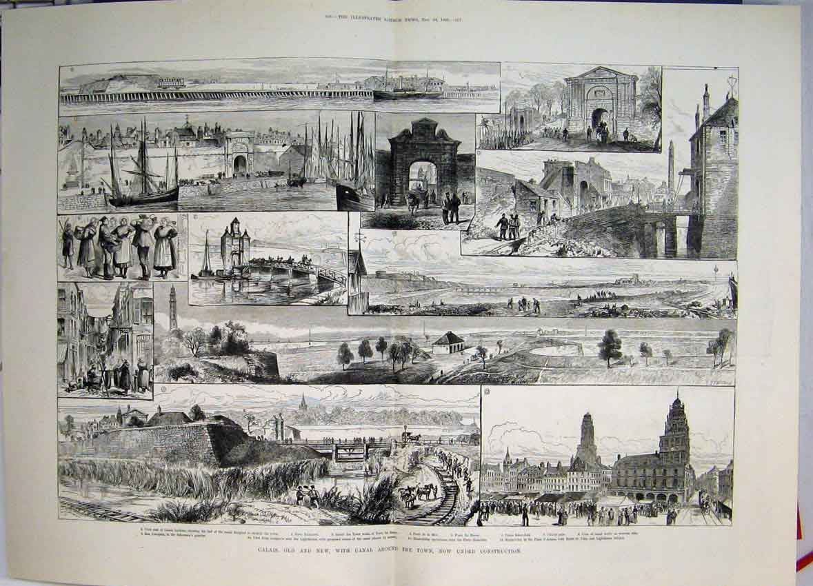 Original Old Antique Print Calais And New Canal Under Construction 1883 19th