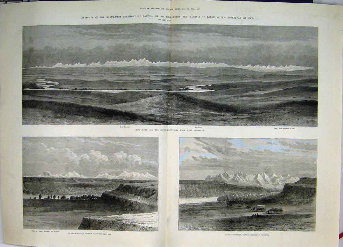Original Old Antique Print North West Canada Rocky Mountains Bow River 1881 19th