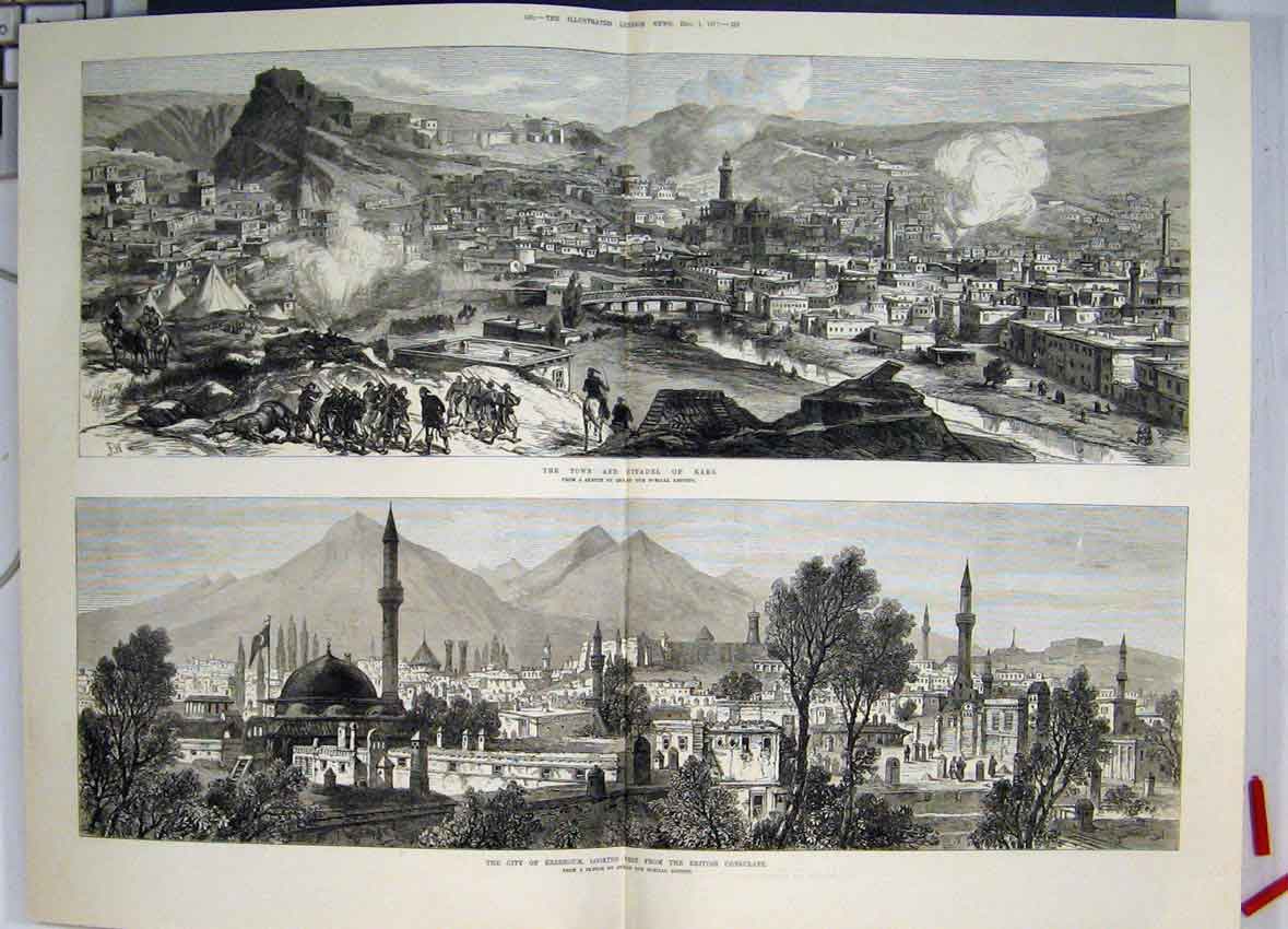 Original Old Antique Print Views City Erzeroum Town Citadel Kars 1877 Victorian