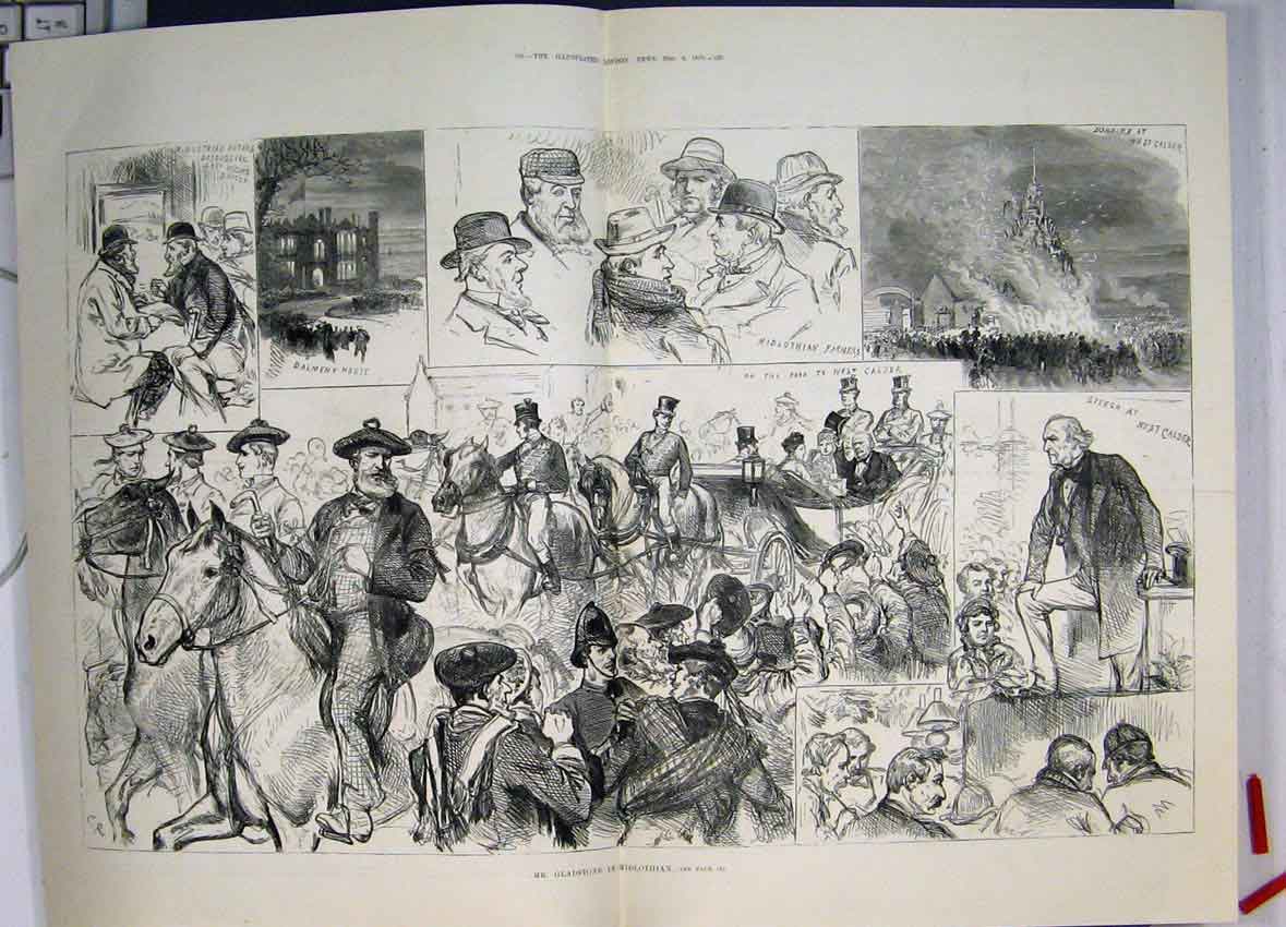 Original Old Antique Print Mr Gladstone Speech In Midlothian Bonfire 1879 19th