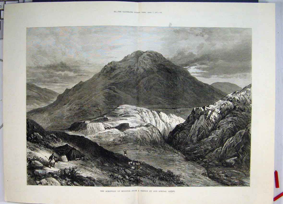 Original Old Antique Print Acropolis Mycenze Mountainous View 1877 Victorian