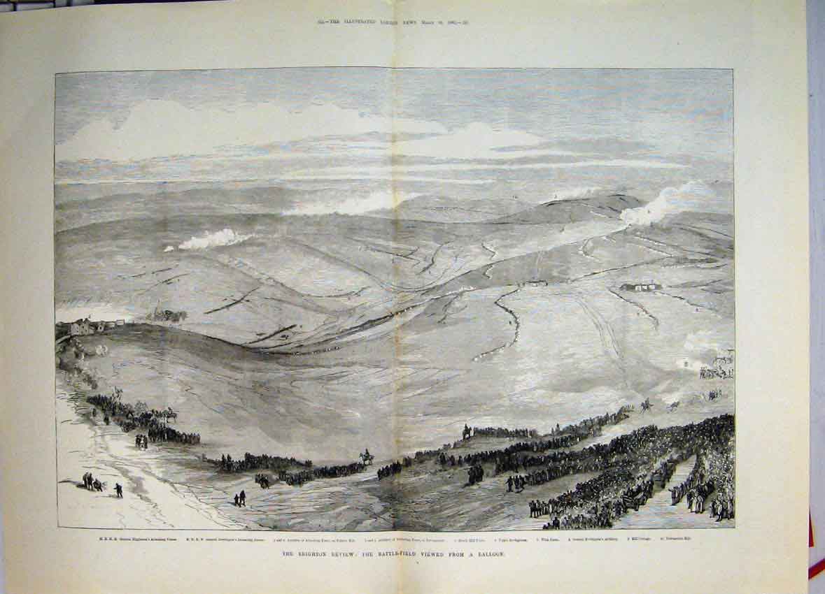 Original Old Antique Print Brighton Review Battlefield View Balloon1883 19th