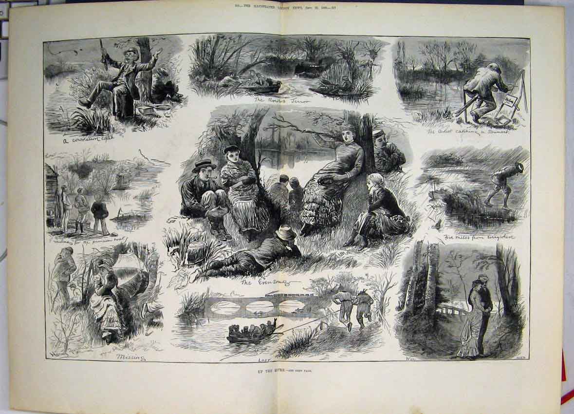 Original Old Antique Print Scenes From River Bank Fishing Artist Singing1880