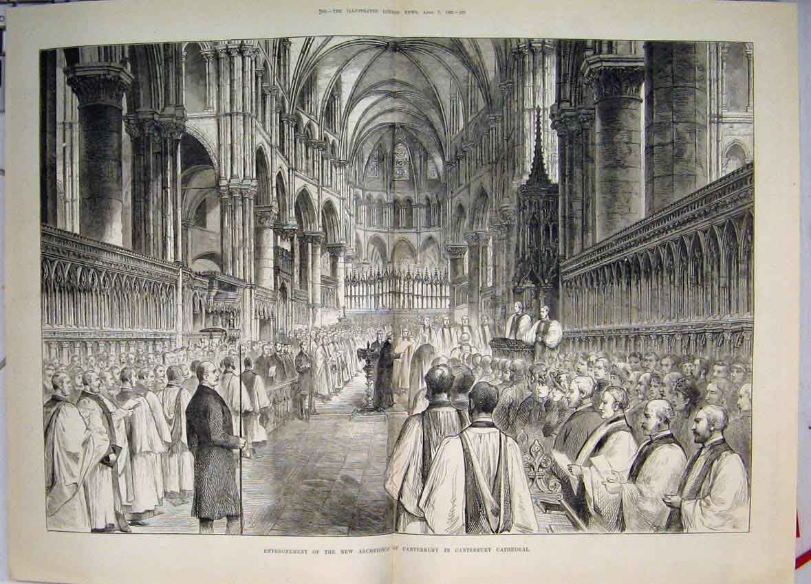 Original Old Antique Print Enthronement New Archbishop Canterbury 1883 Victorian