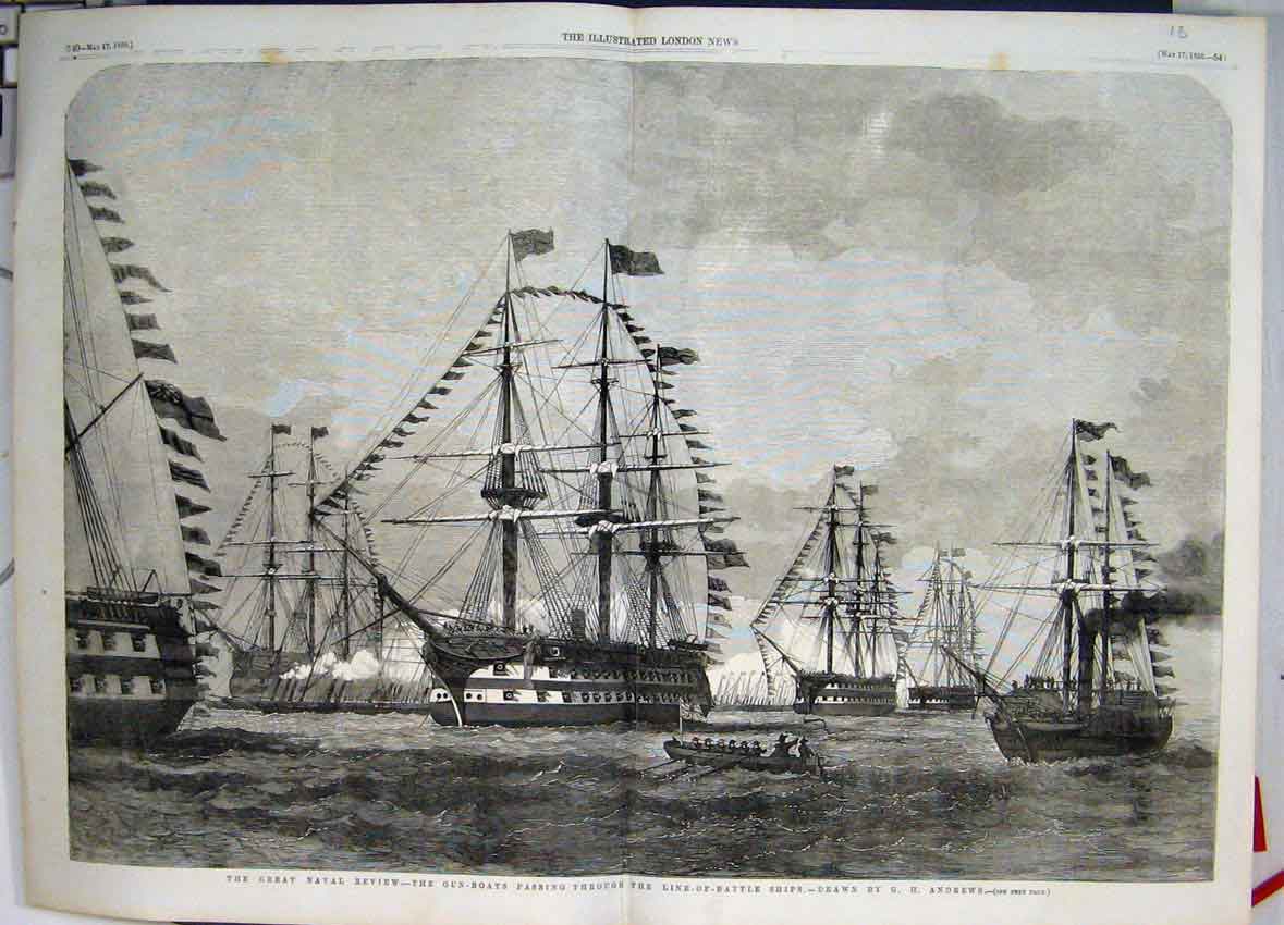 Original Old Antique Print Great Naval Review Gun Boats Battle Ships 1856 19th